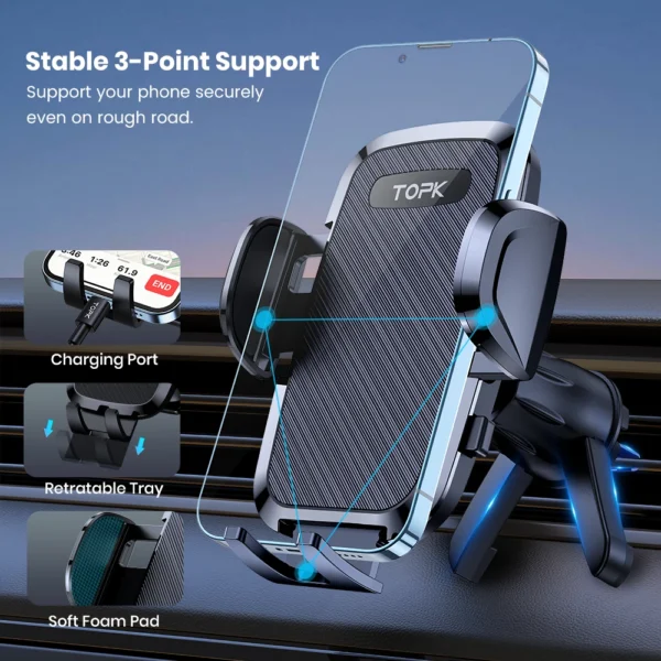 Support Voiture Universel TOPK – Support Téléphone Auto à Gravité – Fixation par Clip sur Grille d’Aération – Support Mobile Compatible Tous Téléphones