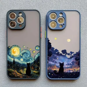 Coque artistique Chat noir Nuit étoilée pour iPhone 7, 8, X, XR, XS, 11, 12, 13, 14, 15, 16 Mini, Pro Max, Plus – Coque antichoc